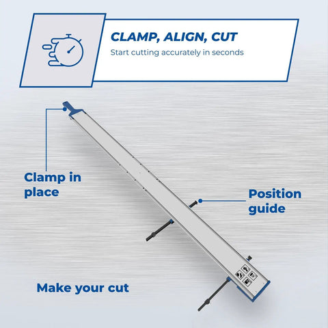 Genuine Aluminum Rip Fence Guide For Slick Straight Cuts On Circular Saws And Routers With Quick Lock Adjustment showing clamp and position guide.