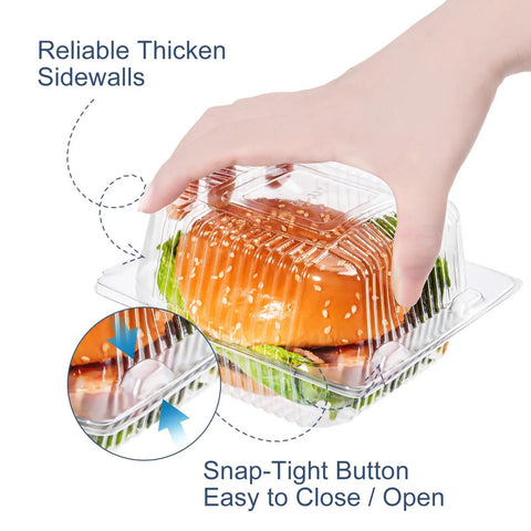 Hand closing Clear Clamshell Grab And Go Containers 100 Pack with Hinged Lids, Disposable Plastic Food Boxes for burgers