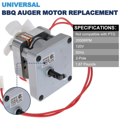 Close-up of 2 RPM Auger Motor Replacement for Wood Pellet Grills 120V 60Hz 2 Pole with red wire and fan blade.