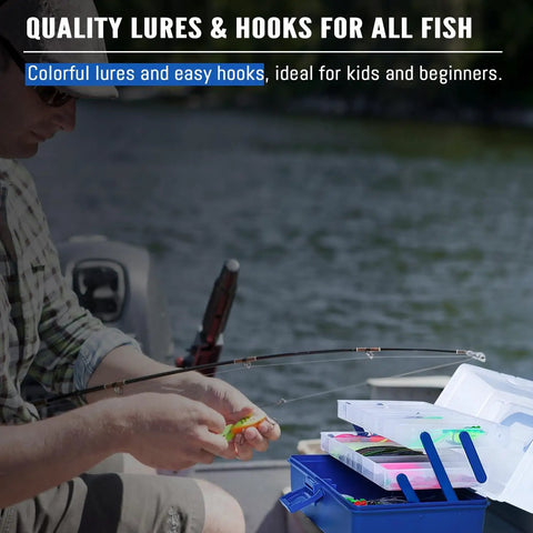 Person fishing with all in one 448 piece fishing lures kit with large three layer tackle box set including hooks on a boat