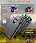 Pocket Sized 10000 Mah Portable Charger With Four Built In Cables Ultra Slim Power Bank For iPhone And Android showing compatibility with devices.
