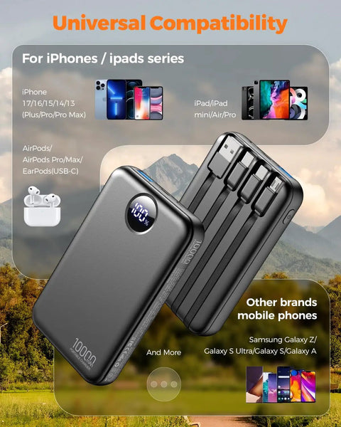 Pocket Sized 10000 Mah Portable Charger With Four Built In Cables Ultra Slim Power Bank For iPhone And Android showing compatibility with devices.