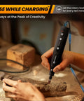 Slick Cordless Rotary Tool With Five Speed Settings And Rechargeable 3.7V Battery Featuring A Universal Chuck And No Fuss 71 Piece Accessory Kit for crafting and carving wood.