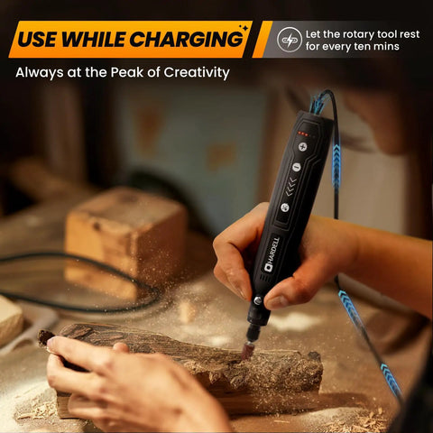 Slick Cordless Rotary Tool With Five Speed Settings And Rechargeable 3.7V Battery Featuring A Universal Chuck And No Fuss 71 Piece Accessory Kit for crafting and carving wood.
