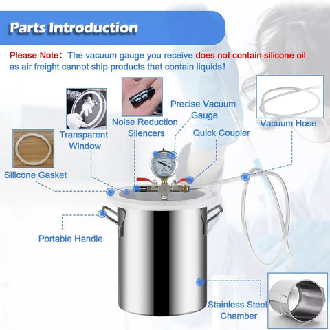 Top Shelf 304 Stainless Steel Vacuum Chamber For Resin And Silicone Degassing With Crystal Clear Dome and Quick Hookup Hose and parts.