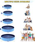 Multiple sizes of foldable pools for dogs and kids with family and pet illustrations, including Foldable 57 Inch Pool For Dogs And Kiddos Non Slip Portable Plastic Tub Wading Pool For Large Dogs And Toddlers Outdoor Backyard Durable PVC Easy Setup Multi Use Splash Bath And Play.