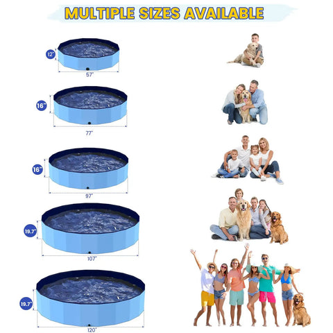 Multiple sizes of foldable pools for dogs and kids with family and pet illustrations, including Foldable 57 Inch Pool For Dogs And Kiddos Non Slip Portable Plastic Tub Wading Pool For Large Dogs And Toddlers Outdoor Backyard Durable PVC Easy Setup Multi Use Splash Bath And Play.