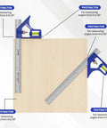 Pro Level Combination Square Set Featuring Heavy Duty Aluminum Zinc Construction With Dual Scale Layout Ruler For Badass Woodworking Shops And Precise Machining Layouts Daily on wooden surface showing protractors for angle measurement.