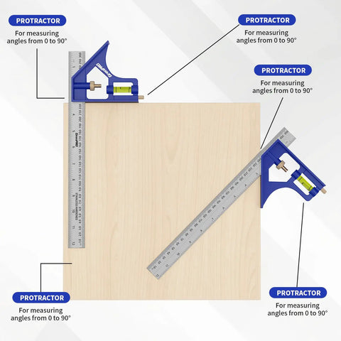 Pro Level Combination Square Set Featuring Heavy Duty Aluminum Zinc Construction With Dual Scale Layout Ruler For Badass Woodworking Shops And Precise Machining Layouts Daily on wooden surface showing protractors for angle measurement.