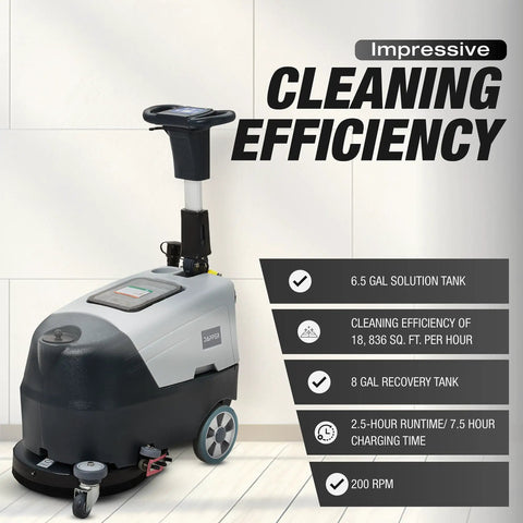 Battery Powered Walk Behind Floor And Carpet Scrubber Buffer Polisher With 16 Inch Brush And 21.5 Inch Squeegee 6.5 Gallon Tank 200 Rpm, showing solution tank and controls.