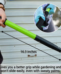 Close-up of 57 Inch 5 Tine Steel Garden Pitch Fork with cushioned grip and green fiberglass handle for durable vibration reduction