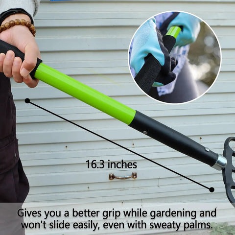 Close-up of 57 Inch 5 Tine Steel Garden Pitch Fork with cushioned grip and green fiberglass handle for durable vibration reduction