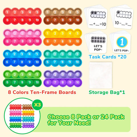Ten Frame Math Learning Kit With 24 Ten Frames And 20 Task Cards for Preschool and Kindergarten showing colorful boards and cards