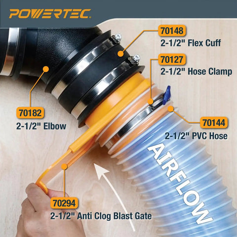 2-1/2 Inch Integrated Blast Gate Fitting For Dust Collection Systems, Clog Resistant, directing airflow in woodworking setup