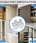 Sliding Closet Door Hardware Set 4 Pack Includes All Necessary Rollers Knobs Screws And Adjustable Hooks For Two Wood Doors Durable Galvanized Steel Construction With Round Recess Finger Pulls And Dual Floor Guide For Smooth Operation displayed in various installation scenarios, like bedroom wardrobes and kitchen cabinets.