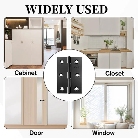 Illustration of Six 3 Inch Black Door Hinges With 36 Screws Stainless Steel Folding Butt Hinge Kit usage on cabinets and doors