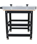 Kick Start Your Workshop With This Tight Router Table Package Featuring A Zero Wiggle Heavy Duty Stand Full Size Plycore Surface Precision Align Plate And Smooth Gliding Pro Fence. Side view of heavy-duty router table with adjustable legs and smooth gliding pro fence.