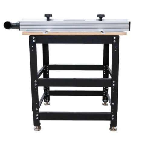 Kick Start Your Workshop With This Tight Router Table Package Featuring A Zero Wiggle Heavy Duty Stand Full Size Plycore Surface Precision Align Plate And Smooth Gliding Pro Fence. Side view of heavy-duty router table with adjustable legs and smooth gliding pro fence.