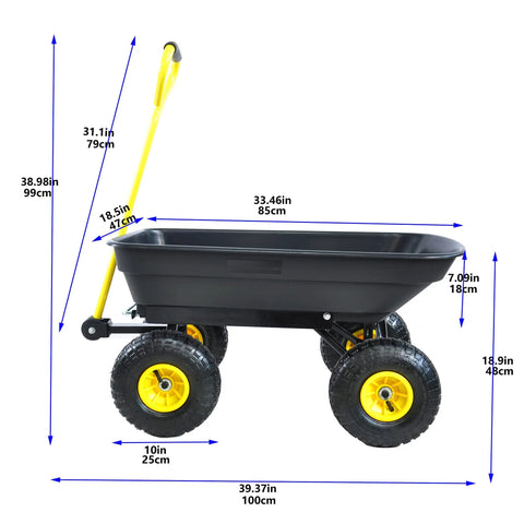 Beast Of A Heavy Duty Garden Cart Dump Truck With Air Wheels, 50 Liter Plastic Bucket, 300 Pound Load Capacity, side view with dimensions
