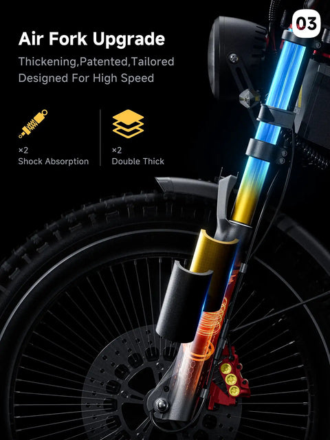 Air fork upgrade with dual shock absorption, showcasing the Badass Dual Motor Electric Bike With 7000W Raw Power And A Sweet 300 Mile Range.