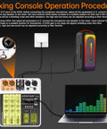 Diagram showing setup of 4 Channel DJ Mixer With Bluetooth And USB MP3 Input 48V Phantom Power with laptop and speaker.