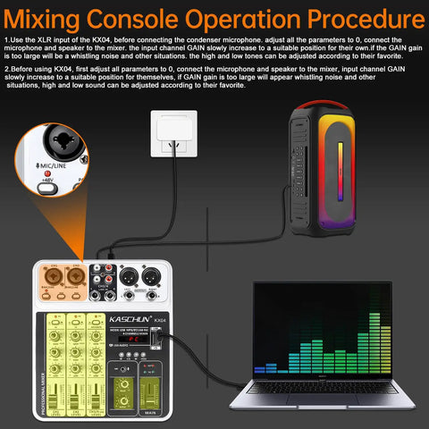 Diagram showing setup of 4 Channel DJ Mixer With Bluetooth And USB MP3 Input 48V Phantom Power with laptop and speaker.