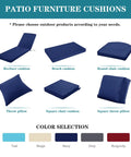 Patio furniture cushions in various shapes and colors, including recliner and bench cushions, in navy and other shades.