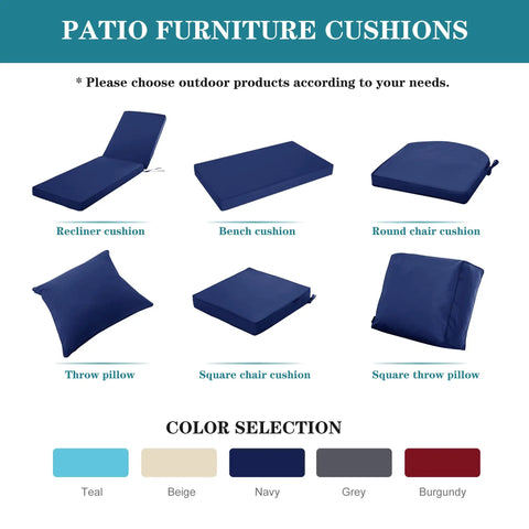 Patio furniture cushions in various shapes and colors, including recliner and bench cushions, in navy and other shades.