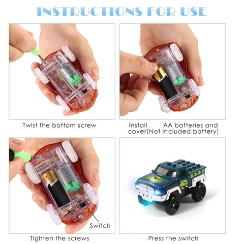 Glow In The Dark Track Cars 5 Pack With Three Flashing LED Lights Car Track Accessories, assembly instructions visible