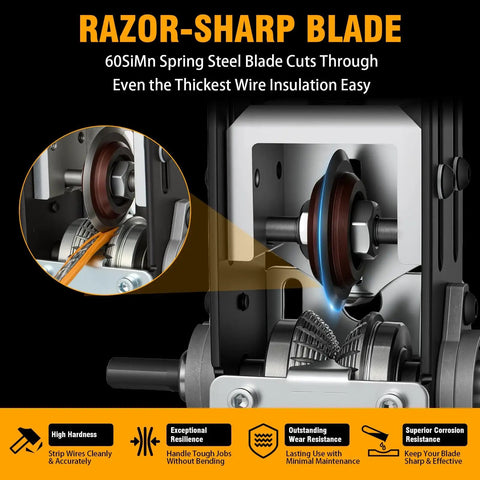 Close-up view of the Drill Powered Wire Stripper Machine 0.06-1 Inch Adjustable Hand Crank for Copper Wire Stripping and Leftover Cable Recycling.
