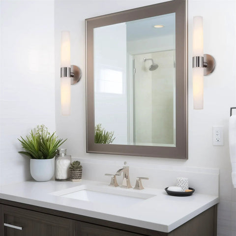 Duo 21 Inch Modern Wall Sconce With Frosted Glass Cylinder Shades in bathroom vanity with brushed nickel finish