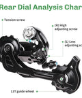 Diagram of 9 Speed Rear Derailleur Direct Mount showing tension and adjustment screws, 11T guide wheel.