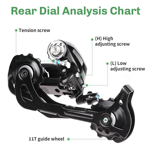 Diagram of 9 Speed Rear Derailleur Direct Mount showing tension and adjustment screws, 11T guide wheel.