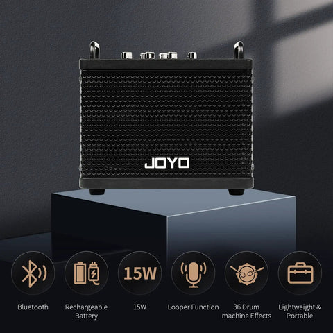 15W Portable Guitar Amp With 9 Preamp Models, Looper, Drum Machine, built-in Bluetooth and rechargeable, black color on display.