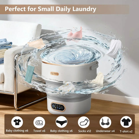Smooth Operator 20L Mini Portable Washer And Spin Dryer Folding Space Saver with spinning laundry and assorted items.