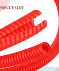 Close-up of Quarter Inch Split Wire Loom Tubing Provides Straight Up Tough Cable Conduit Protection That Shuts Down Pet Chewing Threats While Keeping Your Electric Wire Cord Arrangement Crisp And Zero Hassle In Bold Red, showing precut slot.