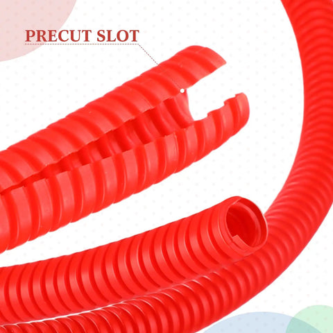 Close-up of Quarter Inch Split Wire Loom Tubing Provides Straight Up Tough Cable Conduit Protection That Shuts Down Pet Chewing Threats While Keeping Your Electric Wire Cord Arrangement Crisp And Zero Hassle In Bold Red, showing precut slot.
