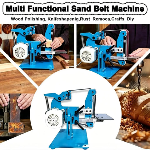 Zhenyuwang Electric Belt Sander 1100W Brushless Motor with workstation setup for wood polishing and DIY projects.