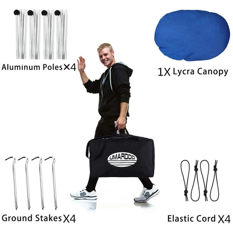 Man carrying Family Friendly Beach Tent Canopy Sun Shade 10x10 Ft Portable Wind Resistant Shelter With Easy Setup And Packable Carry Bag
