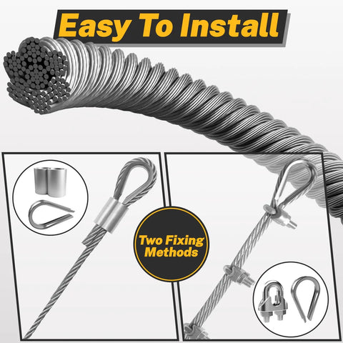 3/16 Inch Wire Rope Kit, 50 Ft 304 Stainless Steel Cable with 7x19 Strand Core, Thimbles, Clips and Sleeves for easy installation