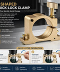 C-shaped quick-lock clamp for CNC spindles, tool-free aluminum design for easy spindle changes, fits various sizes.