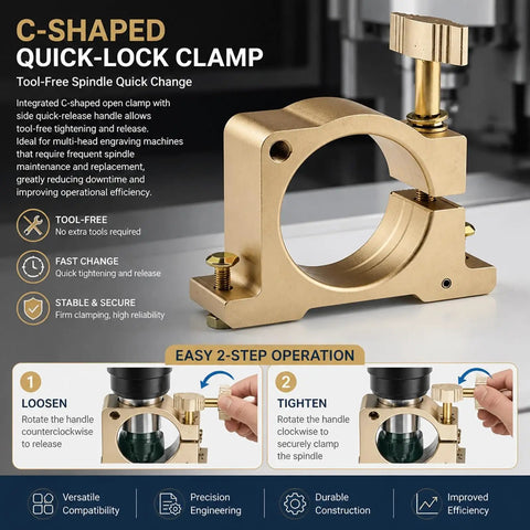 C-shaped quick-lock clamp for CNC spindles, tool-free aluminum design for easy spindle changes, fits various sizes.