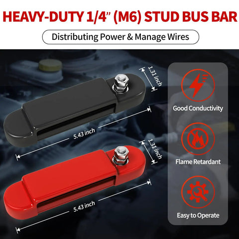 Beefy 150 Amp 12 Volt Marine Bus Bar With Copper Power Distribution Block And Cover For Boat Automotive Solar Wiring Positive Ground One Quarter Inch Terminal Studs, red and black