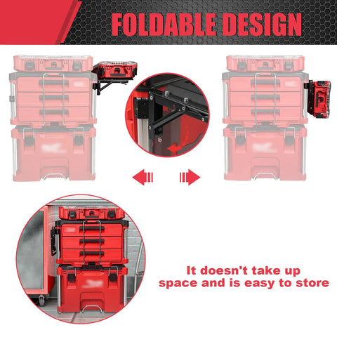 Fold-Out Packout Mount For Packout Toolbox Side Storage with durable folding mounting plate shown attached to toolbox rail.