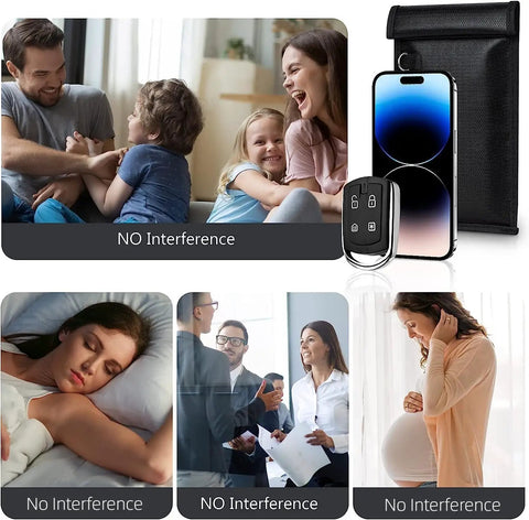 Two Pack Military Grade Faraday Bags for Cell Phones and Car Keys displayed with family, office, and sleeping scenes showcasing privacy.