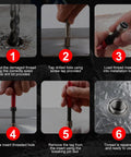 Image showing step-by-step use of All In One M6 X 1.0mm Helicoil Thread Repair Kit With HSS Drill Bits Carry Case Includes Taps Installation Tool Break Pin And 20 Thread Inserts For Damaged Threads Repair In Automotive Machinery And Industrial Applications.