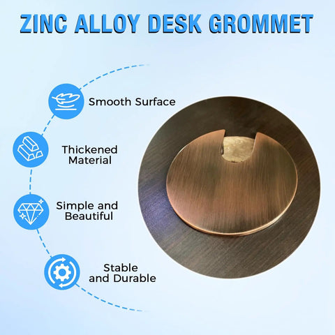 Set Of Two Bronze Desk Grommets Straight Up Sturdy Zinc Alloy Cable Management Covers Smooth Wire Routing Rings For Office Tables close-up view