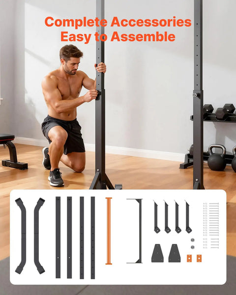 Man assembling Beast Mode Ready Heavy Duty Free Standing Pull Up Bar Station with H Frame, 330 lbs capacity, easy setup components
