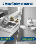 Stainless Steel Wall Mount Hand Sink 17x15 Inches With Strainer And Faucet, Commercial Grade NSF Certified, rust-resistant showcases wall-mounted and embedded installation options in a modern kitchen.