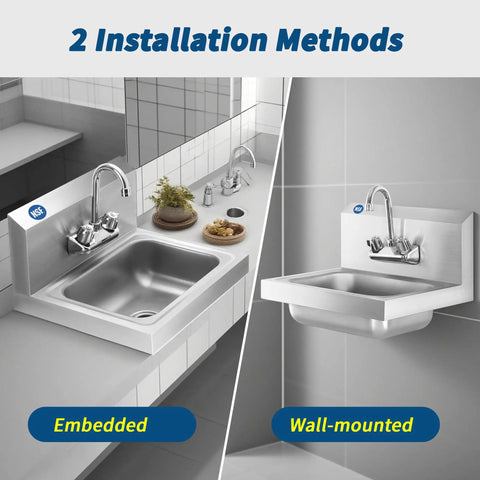 Stainless Steel Wall Mount Hand Sink 17x15 Inches With Strainer And Faucet, Commercial Grade NSF Certified, rust-resistant showcases wall-mounted and embedded installation options in a modern kitchen.